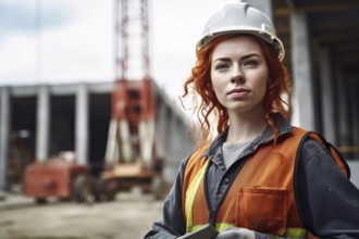 Young female construction worker with safety helmet and vest at construction site. KI generiert,