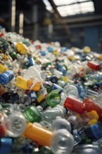 Plastic recycling process with shredded pet bottles and assorted plastic waste compressed, AI