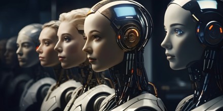 Advanced humanoid robot heads illustrating future robot concepts, AI generated