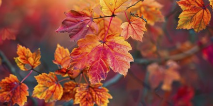 Close up of colorful maple autumn leaves. Generative AI, AI generated