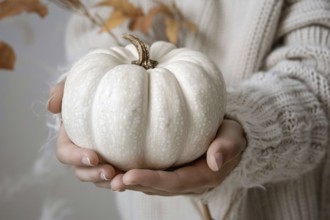 Hands holding seasonal white pumpkin. Generative AI, AI generated