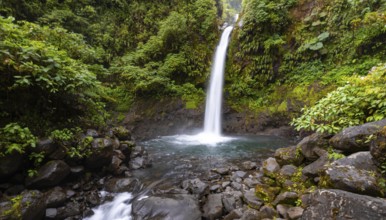 La Paz waterfall, waterfall in dense green vegetation, long exposure, Alajuela province, Costa