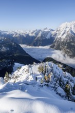 Snow-covered summit of the Jenner with viewing platform in autumn, view of the sea of clouds and