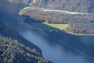 View of Königssee with pilgrimage church St. Bartholomä, from the Jenner, Berchtesgaden National