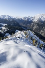 Snow-covered summit of the Jenner with viewing platform in autumn, view of Königssee and Watzmann,