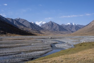 Burkhan River in Burkhan Valley, mountain landscape with glaciated peaks, Burkhan Valley, Terskey