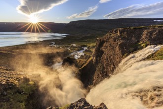 Waterfall, midnight sun, sun star, clouds, mountains, coast, Dynjandi, Westfjords, Iceland, Europe