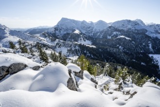 Snow-covered summit of the Jenner in autumn, view of mountain panorama with Hagengebirge,