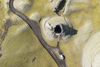 Single crater of the Laki crater row, top down view, viewing platform, 4x4 car on road F206,