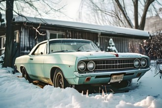 Classic 1960s muscle car, half-buried in snow in a forgotten backyard creating a sense of nostalgia