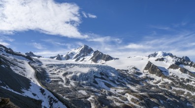 High alpine mountain landscape, summit of the Aiguille de Chardonnet and Glacier du Tour, glaciers