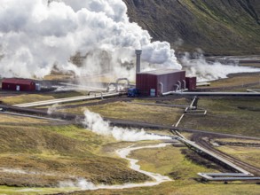 Krafla power plant, pipelines, geothermal energy, Myvatn region, Iceland, Europe