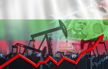 Oil production with flag of Bulgaria. Oil pumps with bulgaria flag, petroleum industry