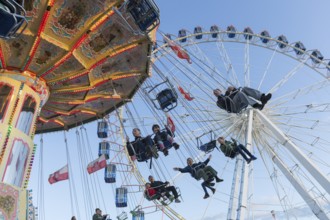 People swinging on a carousel in front of a Ferris wheel in sunny weather at a funfair, Europa Rad,