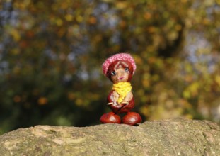 Funny chestnut figure with hat and scarf on a tree trunk, North Rhine-Westphalia, Germany, Europe