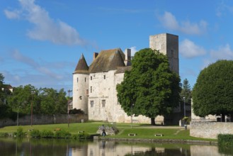 Historisches Schloss mit Burgturm an einem klaren blauen Himmel, umgeben von grünen Bäumen und