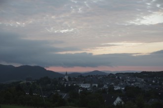 Winterberg, town centre, sunrise, landscape, sky, clouds, North Rhine-Westphalia, Germany, view of