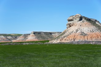 Rock formations rise out of a green meadow under a clear blue sky, Bardenas Reales Natural Park,