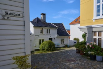 Historic town centre of Bergen, cobblestone streets surrounded by traditional half-timbered houses