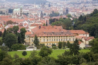 Prague Castle district skyline and buildings with traditional terracotta ceramic tiled rooftops