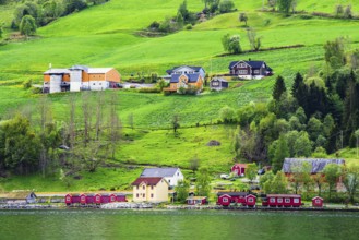 Mountains and Fjord over Norwegian Village, Olden, Innvikfjorden, Norway, Europe