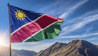 Flags, the national flag of Namibia flutters in the wind