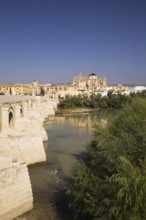 Roman bridge over the Guadalquivir river and the Cordoba Mosque Cathedral, Cordoba, Spain, Europe