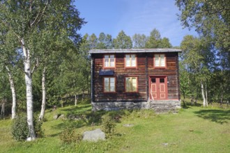 Rustic abandoned wooden house in a meadow, surrounded by trees under a blue sky, Idyll, Röros,