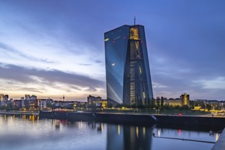 ECB, European Central Bank. Skyline of Frankfurt am Main in the evening, skyscrapers of the banking