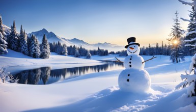 Abstract illustration of a snowman in an idyllic snowy winter landscape, hills and mountains and