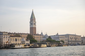 View over the lagoon to the Campanile and Doge's Palace, Venice, Veneto, Italy, Europe