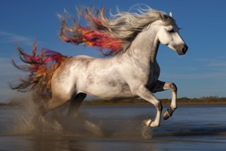 White horse with a flamboyant mane galloping in the water, AI generated