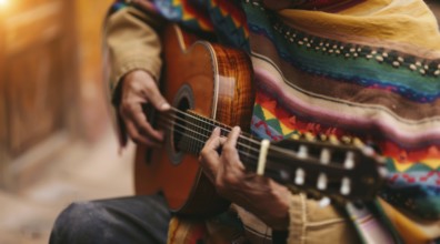 Mariachi Mexican musician play during festive event on Mexican street in traditional clothes., AI