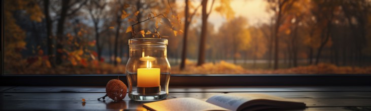 Warm and inviting lit candle resting near an open book on wood window sill in A fall setting.