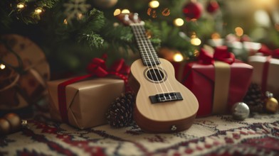 Brand new ukulele christmas gift amongst the gifts under the tree. generative AI., AI generated