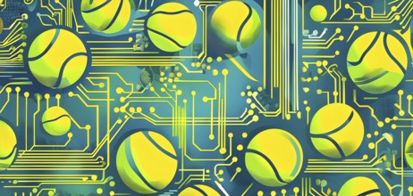 Vibrant mix of abstract circuitry intertwined with tennis balls, representing AI role in