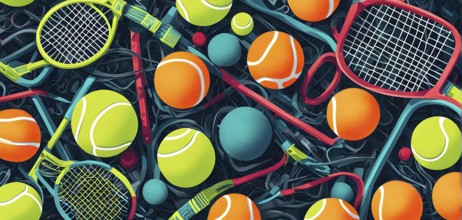 Vibrant mix of abstract circuitry intertwined with tennis balls, representing AI role in