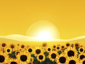 Abstract illustration of a field of sunflowers backlight with beautiful sunrise, AI generated