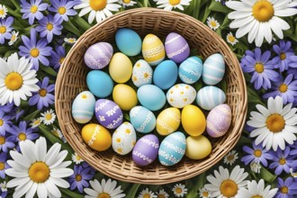 Illustration of of vibrant colored Easter eggs in a wicker basket, surrounded by delicate spring