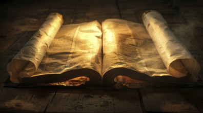 Open bible book on a wooden table at sunset with cross in front of it. Strong Christian faith, AI