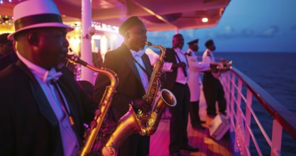 Band of musicians playing on cruise ship. Dream vacation on sailing cruise ship with entertainment,