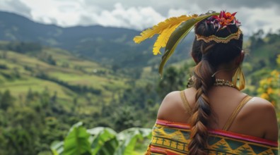 Smiling native indigenous people of Colombia and South America, dressed in colorful native clothes,