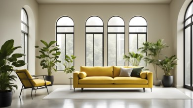 Minimalist living room with clean lines and neutral tones, featuring a modern yellow colored sofa,