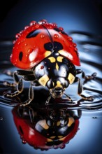 Macro of a ladybug (Coccinella septempunctata), revealing the fine texture of its bright red shell