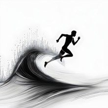 Wave of data points shaping into a runners silhouette, abstract illustration in black and white,