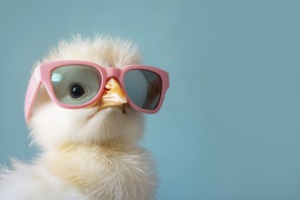 Young chick with sunglasses in fornt of blue background with copy space. Generative Ai, AI