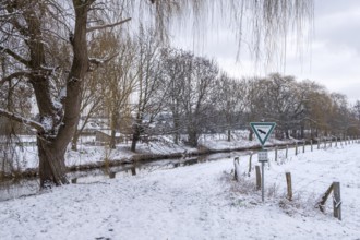 Dinkelwiesen nature reserve in winter with snow, Heek-Nienborg, Münsterland, North