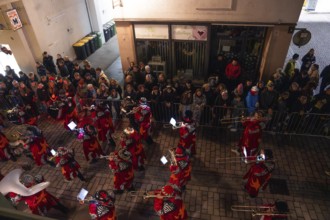 Bird's eye view of a band and numerous spectators on the street, carnival, Calw, Black Forest,