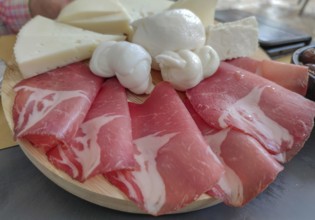 A selection of ham and cheese, arranged on a wooden platter, with buffalo mozzarella in the centre,