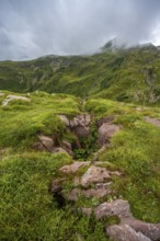 Cloudy mountain landscape with green meadows, Wolayerseehütte, Carnic Alps, Carnic High Trail,